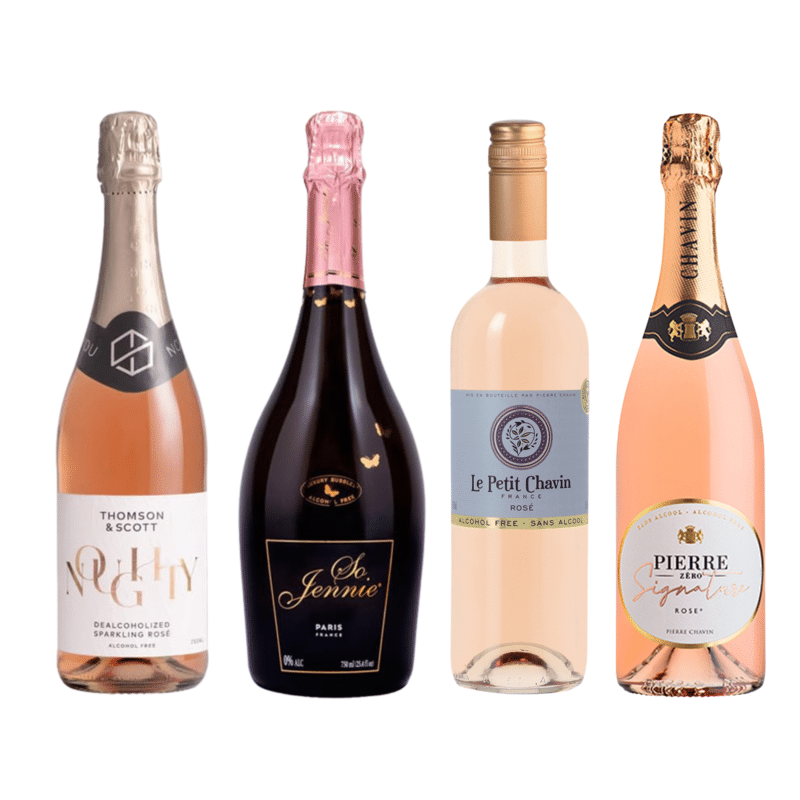 Bottles of non alcoholic rosé wine sampler featuring Noughty, So Jennie Paris, Le Petit Chavin, and Pierre Zero Signature Rosé