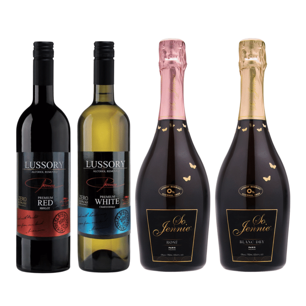 Lussory Merlot and Chardonnay alongside So Jennie Paris Rosé and Blanc Dry non-alcoholic wines in a halal-certified 4-bottle sampler set.