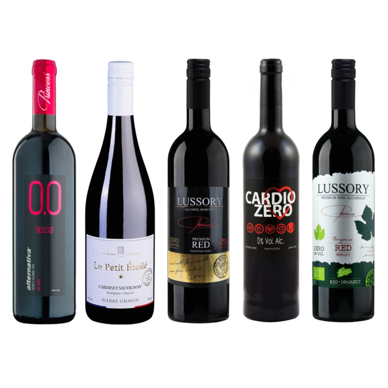 Lineup of five popular non-alcoholic red wines including Alternativa Rosso, Le Petit Étoile, Lussory Premium, Cardio Zero, and Lussory Organic.