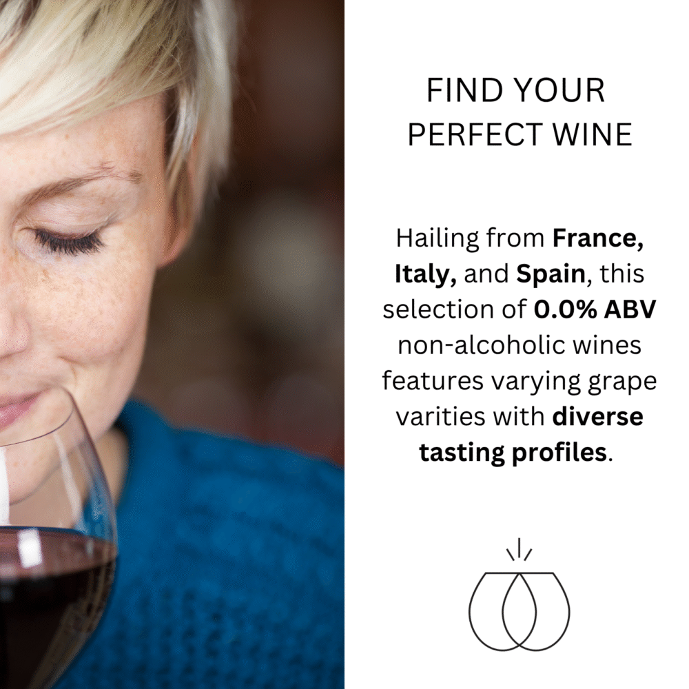 Woman smelling a glass of red wine alongside text highlighting European non-alcoholic wine options with diverse tasting profiles.