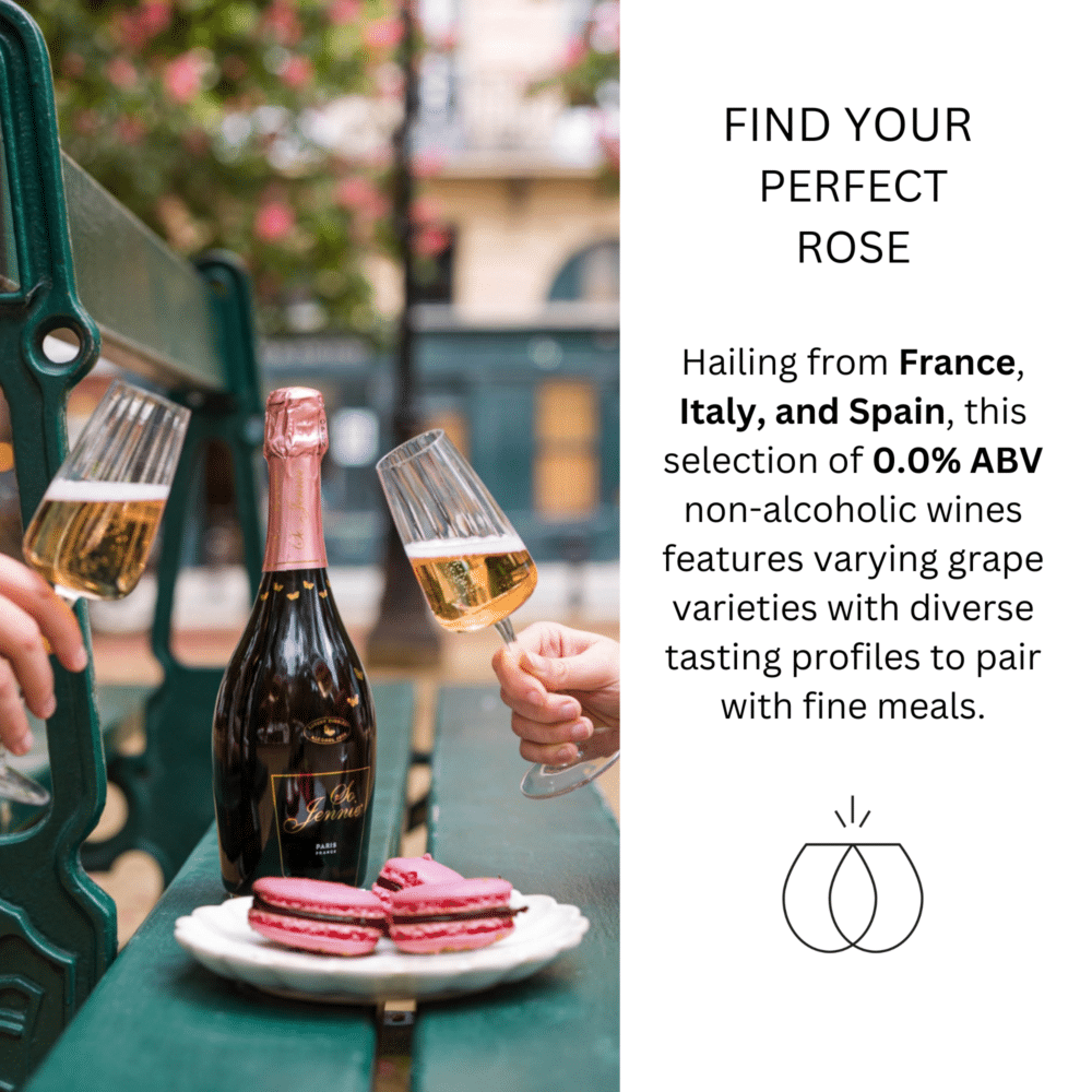 Two people toasting with non alcoholic rosé sparkling wine on a bench with So Jennie Paris bottle and macarons