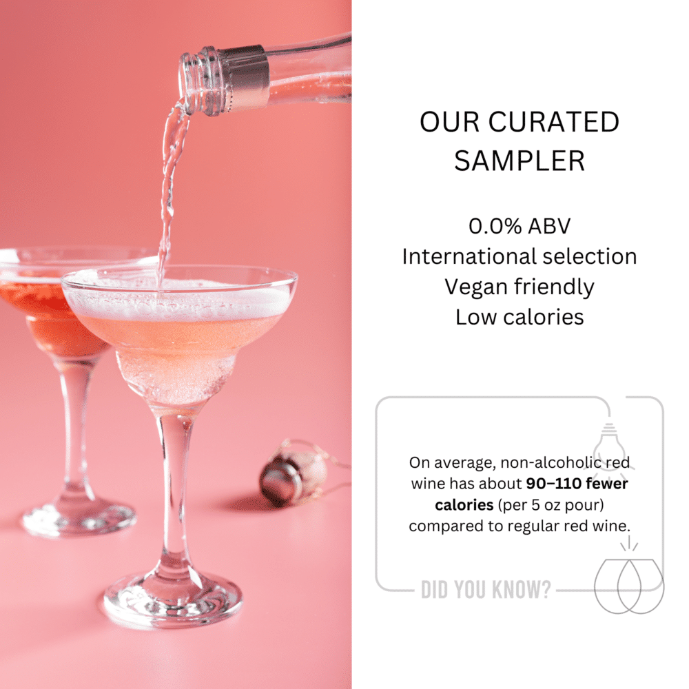 Pink background with non alcoholic rosé being poured into coupe glasses, highlighting benefits like vegan and low calorie