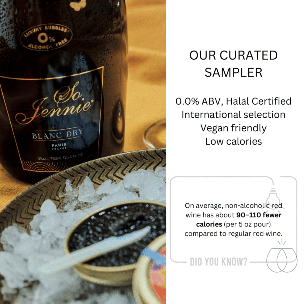 So Jennie Paris Blanc Dry sparkling wine on ice beside a luxurious caviar platter, highlighting a premium halal, non-alcoholic lifestyle.
