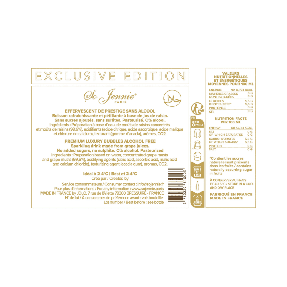 Back label of So Jennie Paris non alcoholic rosé sparkling wine showing ingredients, halal certification, and nutrition facts
