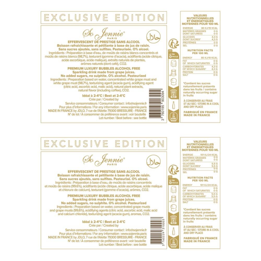 Label details and nutrition facts for So Jennie Paris Rosé and Blanc Dry showing halal certification and 0.0% ABV ingredients.