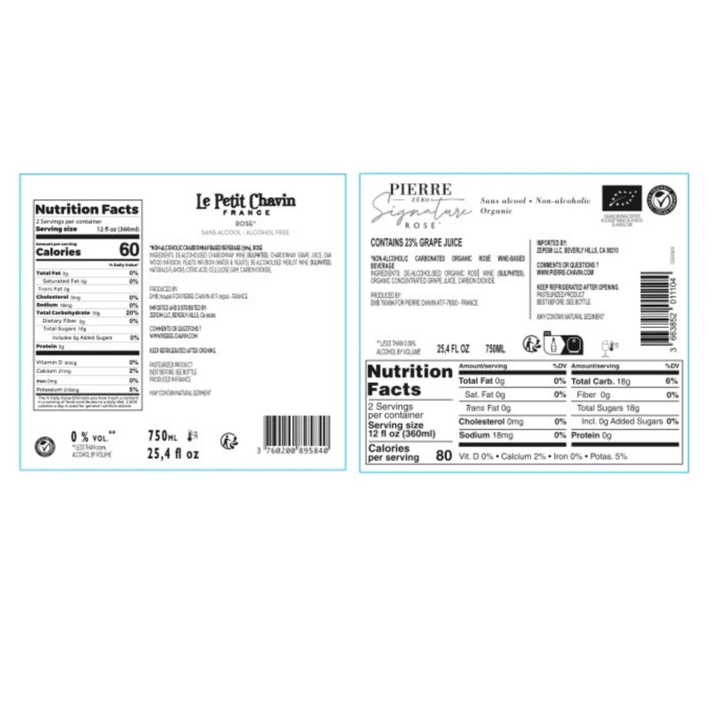 Nutrition labels for Le Petit Chavin Rosé and Pierre Zero Signature Rosé non alcoholic wines showing calories and ingredients