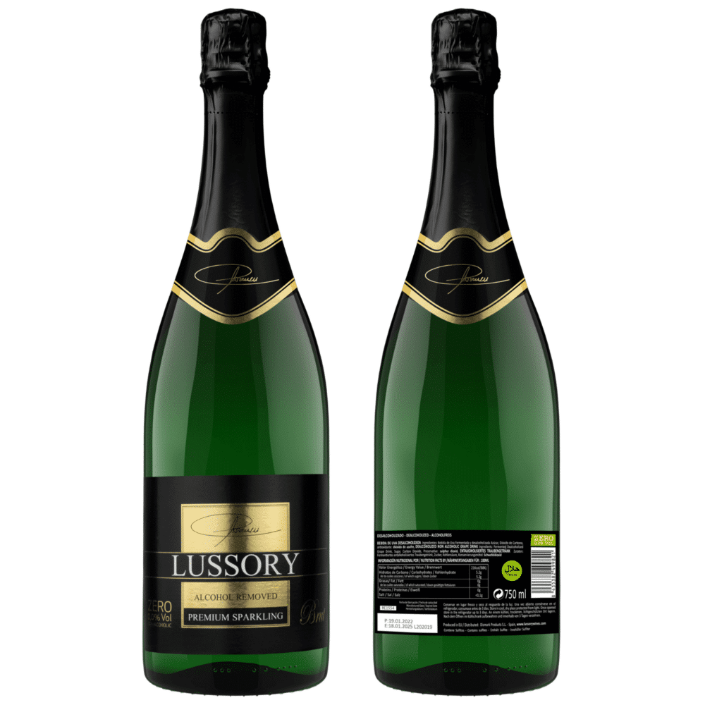Lussory Sparkling Brut Front and Back non alcoholic wine