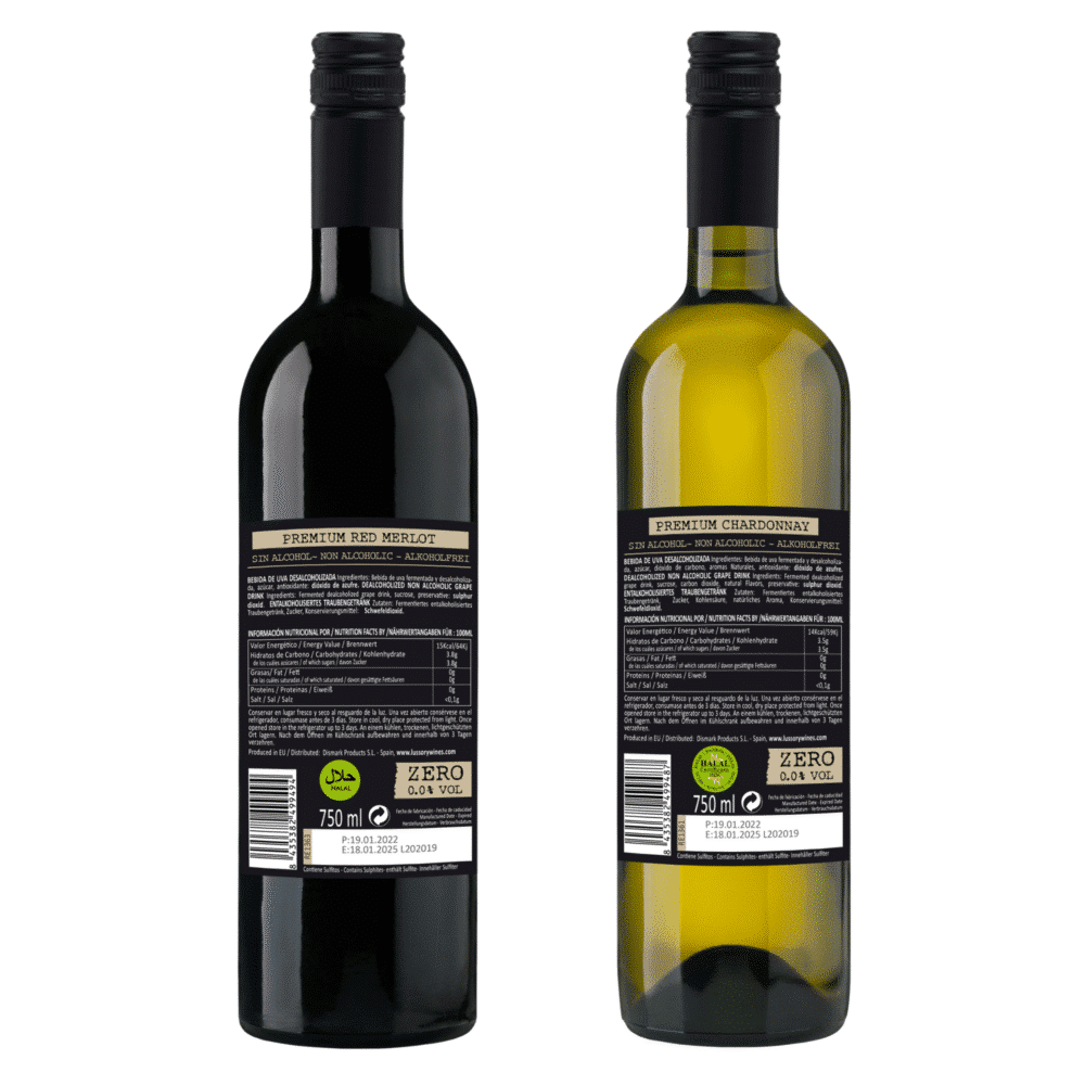 Back labels of Lussory Merlot and Chardonnay non-alcoholic wines with halal certification, nutrition facts, and origin details.