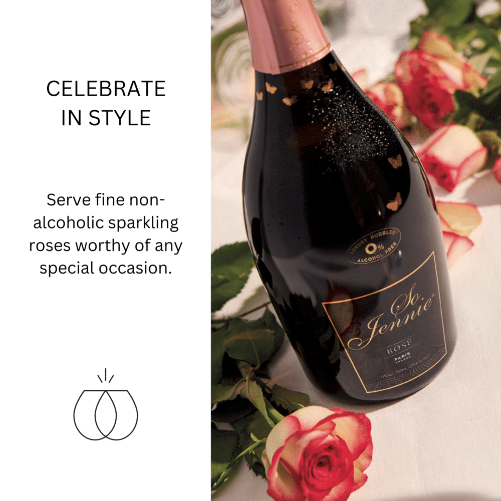 Elegant image of So Jennie Paris rosé sparkling bottle with roses and occasion messaging