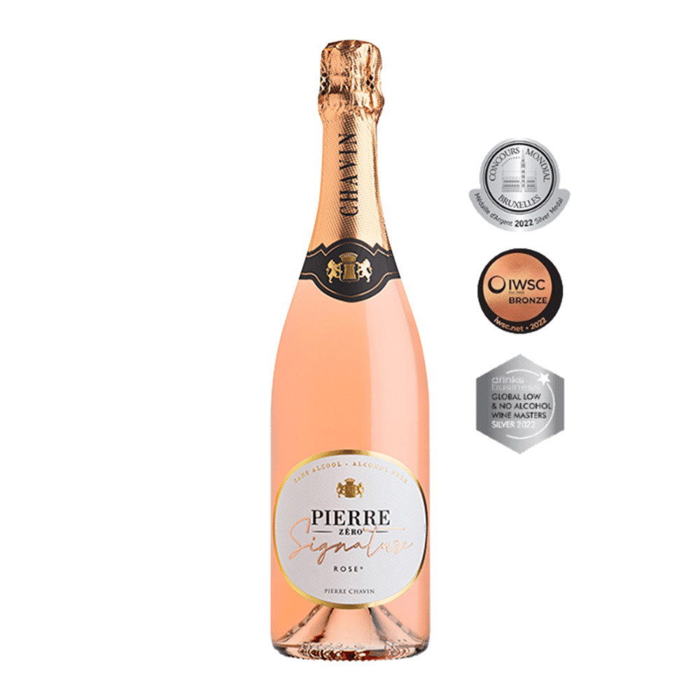 Pierre Zero Signature Rosé non alcoholic sparkling wine bottle with medals and certifications