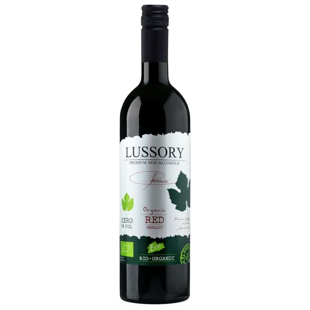 Lussory Organic Merlot.jpg showing organic non alcoholic red wine bottle great for sober drinking zero proof dinners and health conscious wine lovers