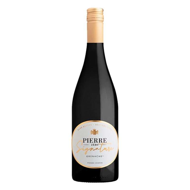 Pierre Zero Signature Grenache 0.0% alcohol-free red wine bottle from France, full-bodied non-alcoholic wine with ripe berry and spice notes.