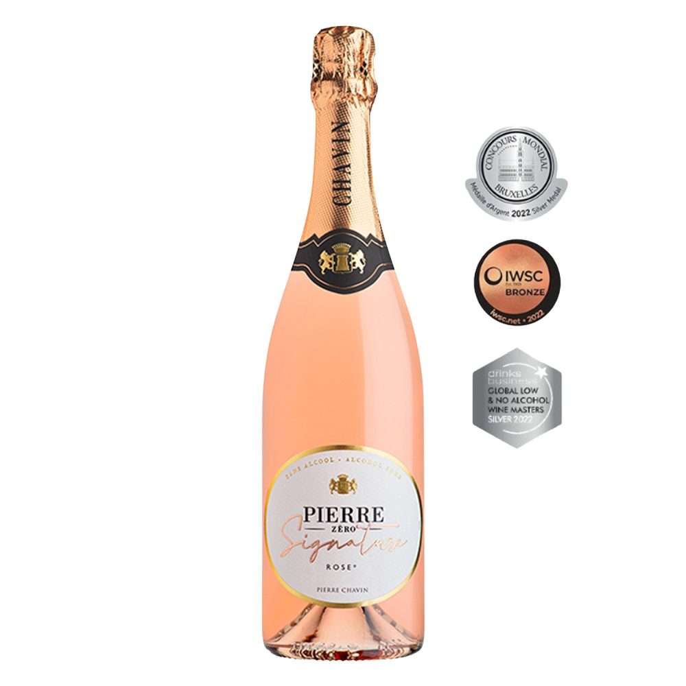 Pierre Zero Signature Rosé sparkling non-alcoholic wine with medals – alcohol-free celebration bubbly for zero proof toasts.
