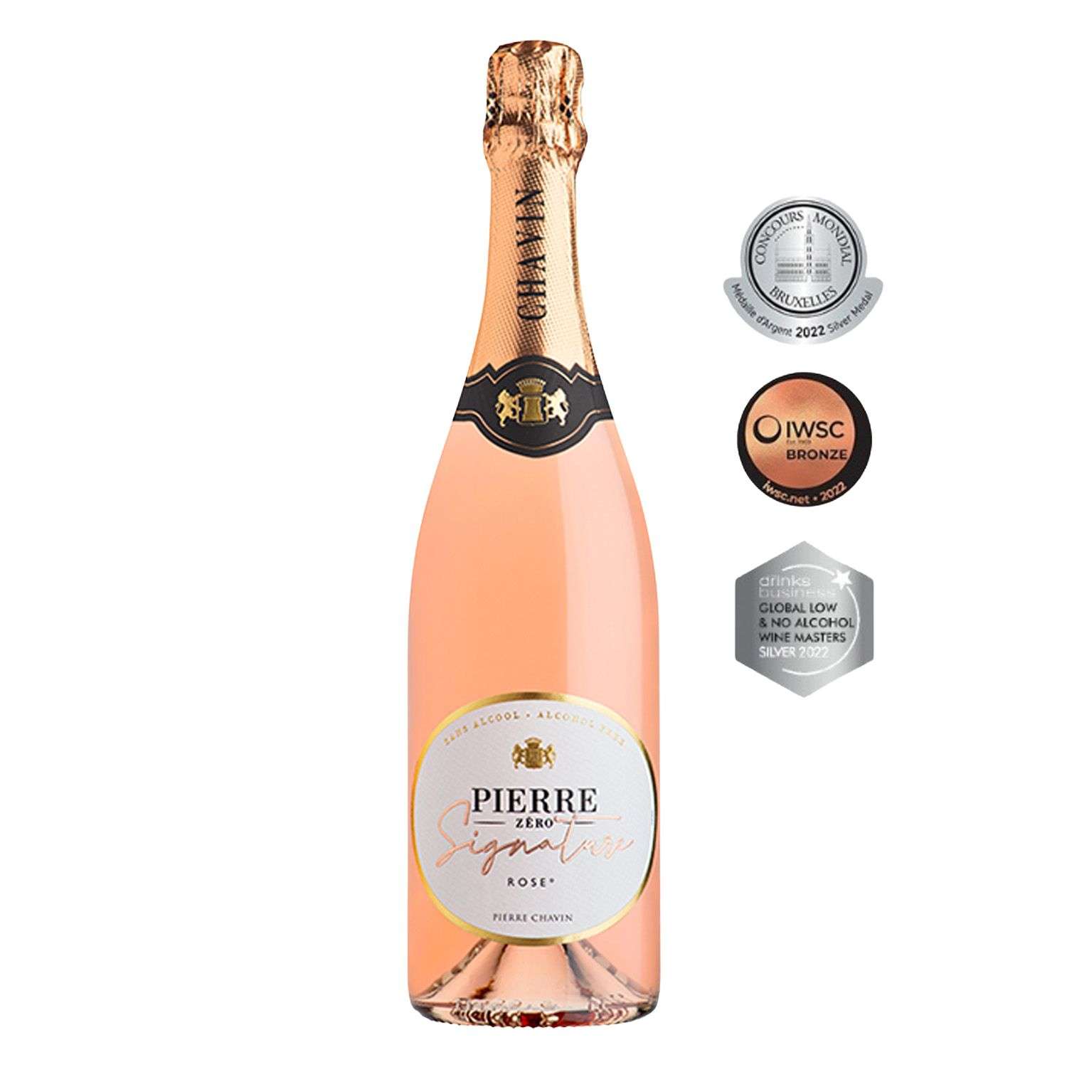 Pierre Zero Signature Rosé sparkling non-alcoholic wine with medals – alcohol-free celebration bubbly for zero proof toasts.