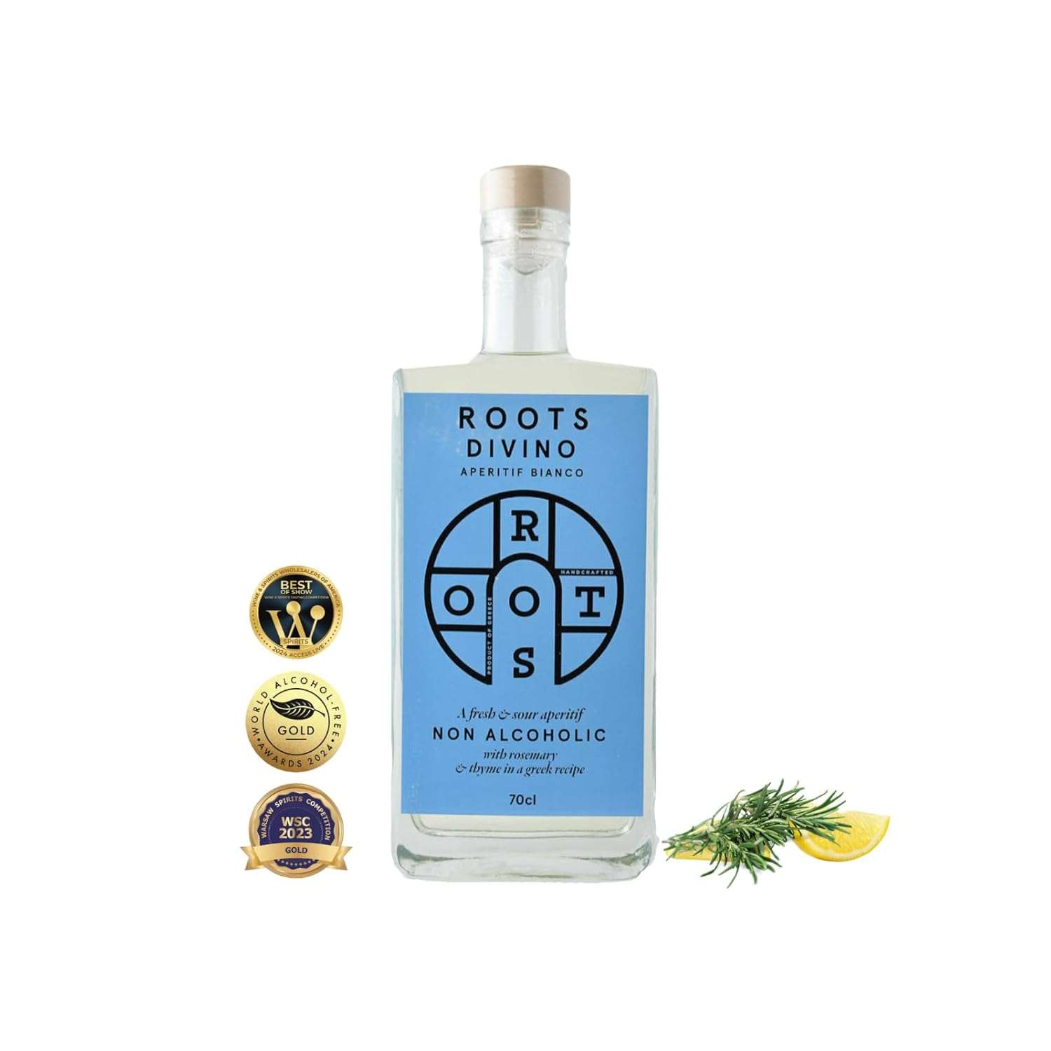 Roots Divino Aperitif Bianco non alcoholic aperitif bottle with award medals and rosemary lemon garnish