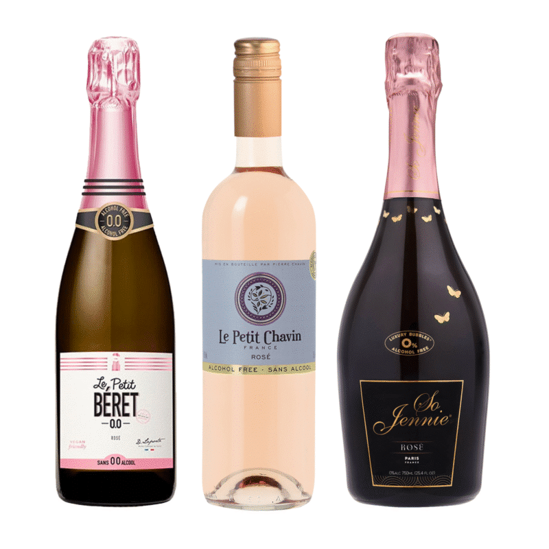 Three-bottle French rosé wine sampler featuring So Jennie Sparkling, Le Petit Chavin Rosé, and Le Petit Béret Sparkling Rosé – non-alcoholic and zero proof