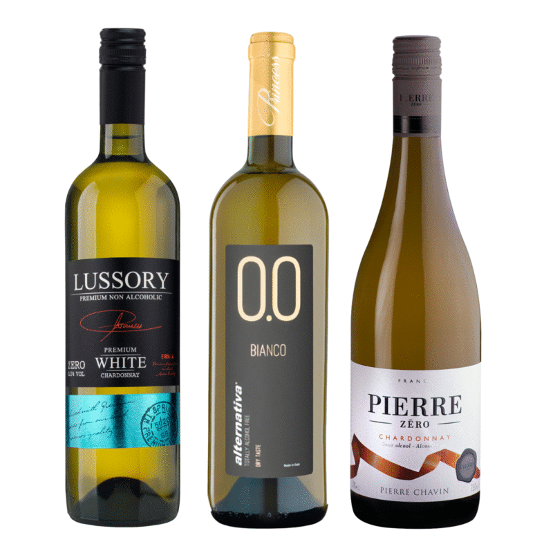 Three-bottle set of 0.0% non-alcoholic white wines from Spain, Italy, and France featuring Lussory Chardonnay, Princess Alternativa Bianco Dry, and Pierre Zero Chardonnay