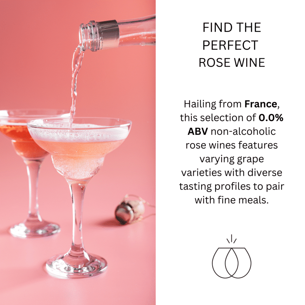 Zero proof non-alcoholic rosé wine being poured into coupe glasses, elegant pink background, perfect for pregnancy-safe celebrations and brunches