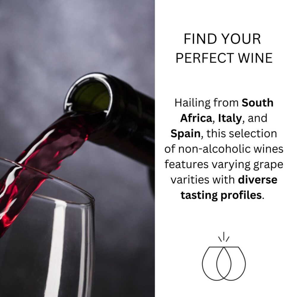 Red wine pouring into a glass next to a description highlighting wine origins from South Africa, Italy, and Spain