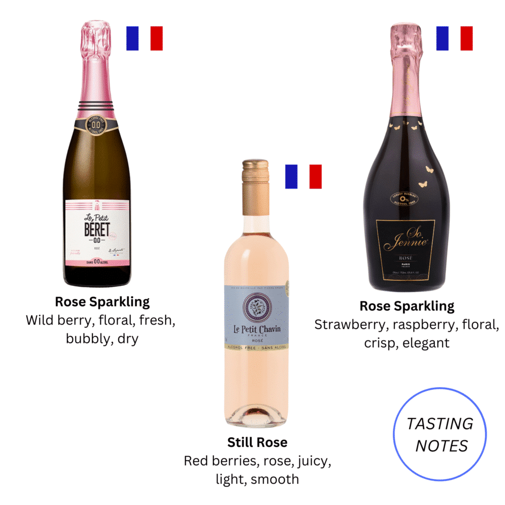 Flavor profiles for non-alcoholic French rosé wines: Le Petit Béret Sparkling, Le Petit Chavin Rosé, and So Jennie Sparkling Rosé with 0.0% ABV