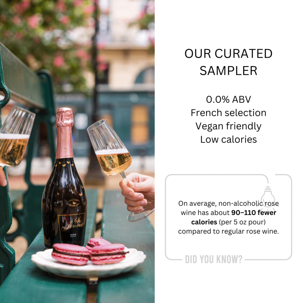 So Jennie Paris 0.0% ABV rosé sparkling wine on a bench with macarons and glass flutes – French, vegan-friendly, pregnancy-safe wine