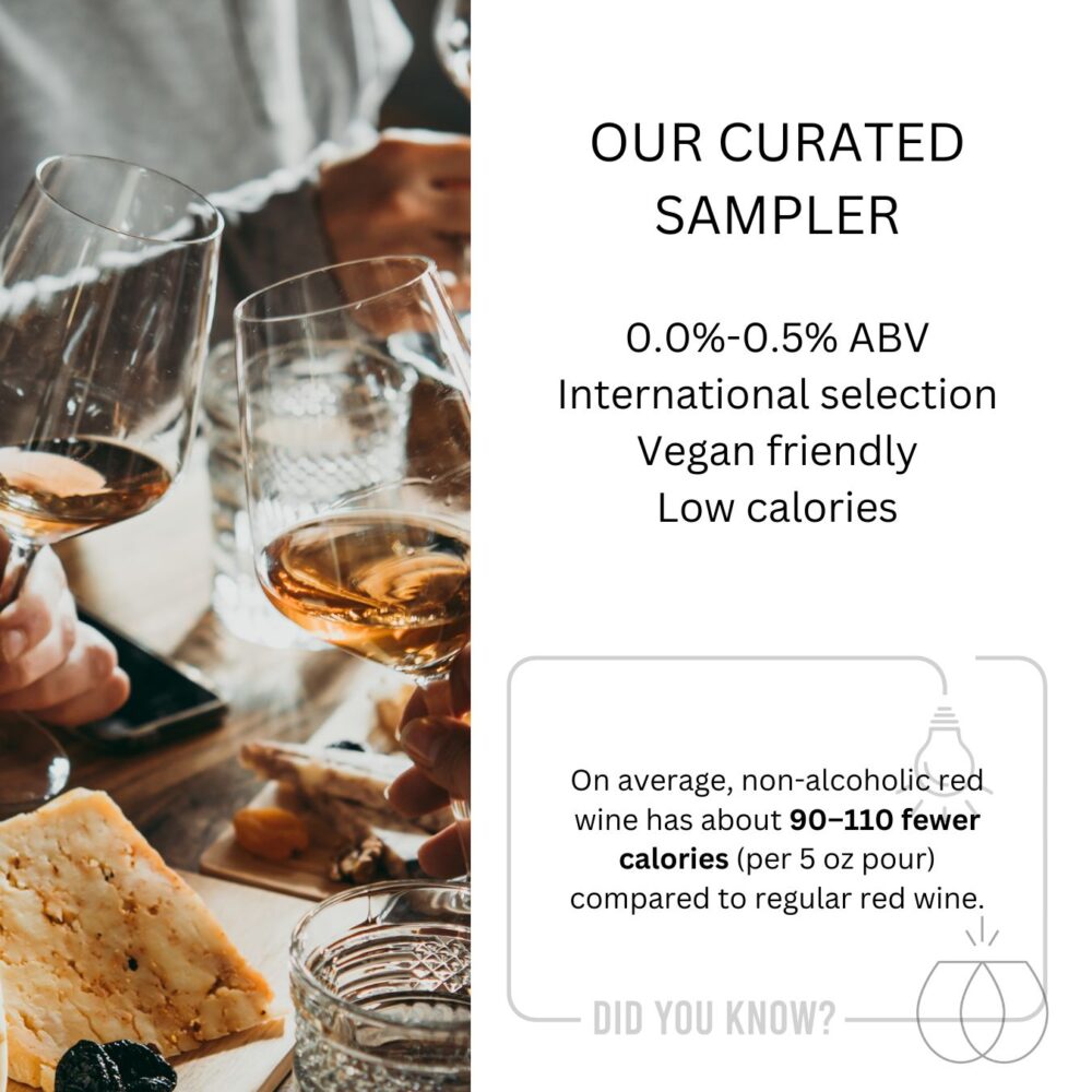 Hands holding glasses of wine with a list of features: low calories, vegan friendly, international selection, and ABV info