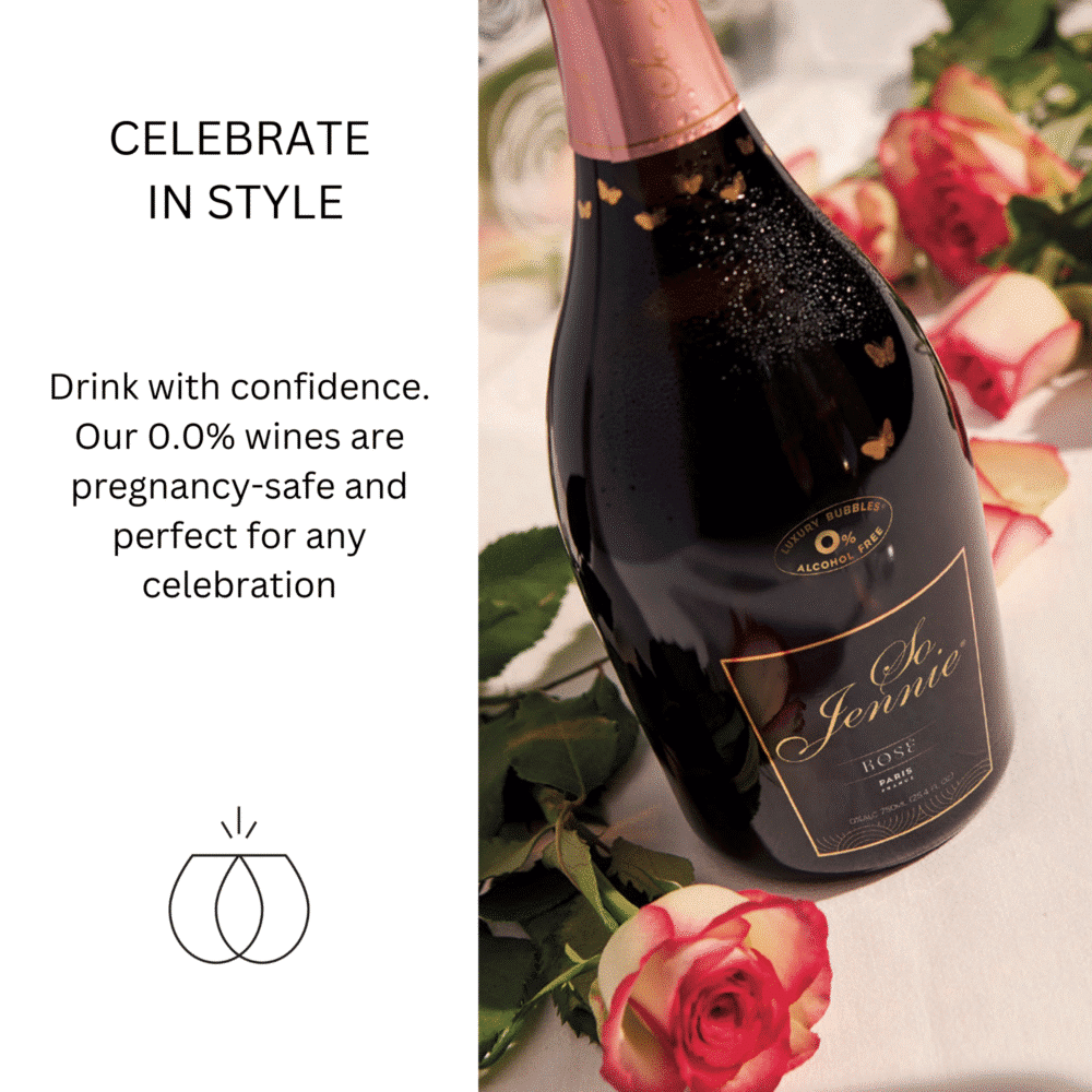 Close-up of So Jennie Rosé non-alcoholic sparkling wine bottle surrounded by roses – elegant 0.0% ABV alternative for toasts and gifting