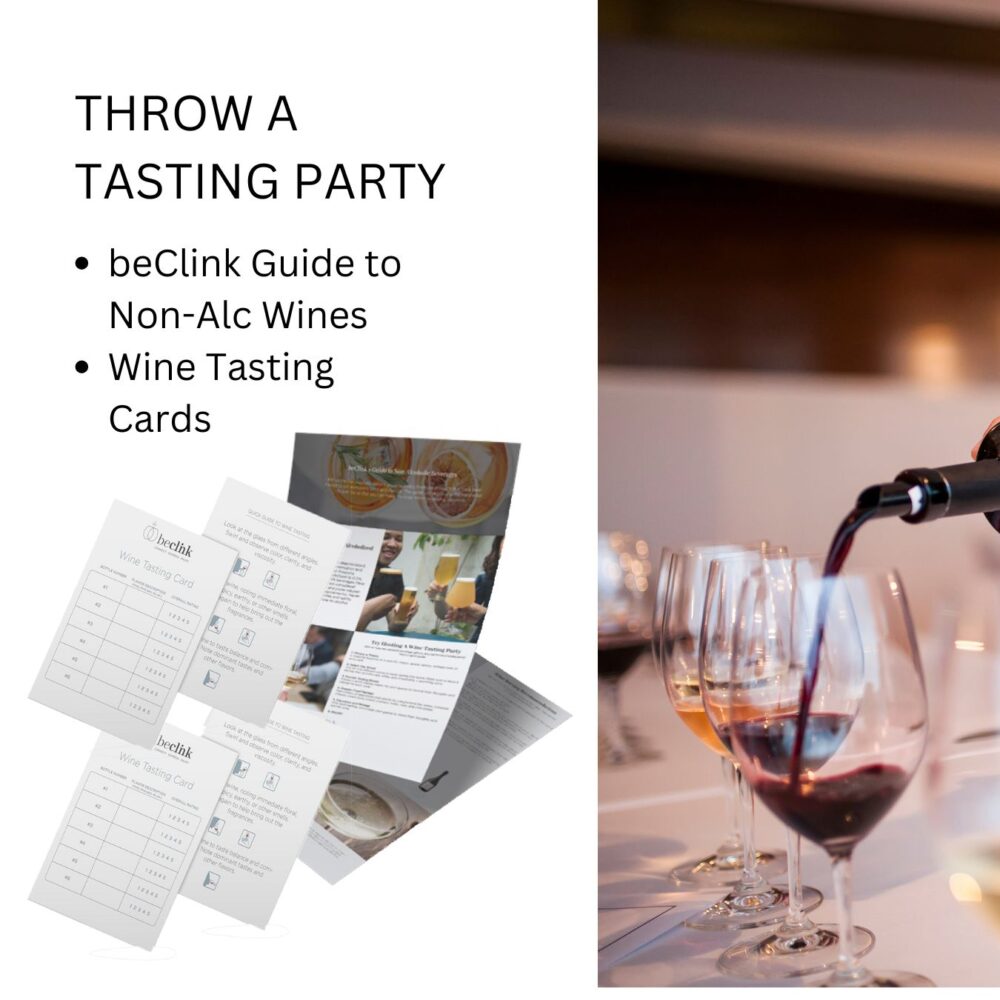 Wine being poured into glasses alongside tasting cards and BeClink’s Guide to Non-Alc Wines