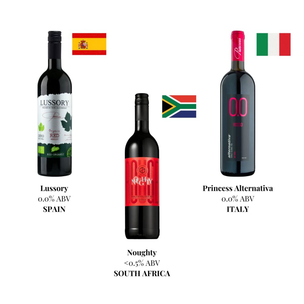Three non-alcoholic red wines from Spain, South Africa, and Italy showing Lussory Organic Merlot, Noughty Syrah, and Princess Alternativa Rosso Dry with ABV and origin.