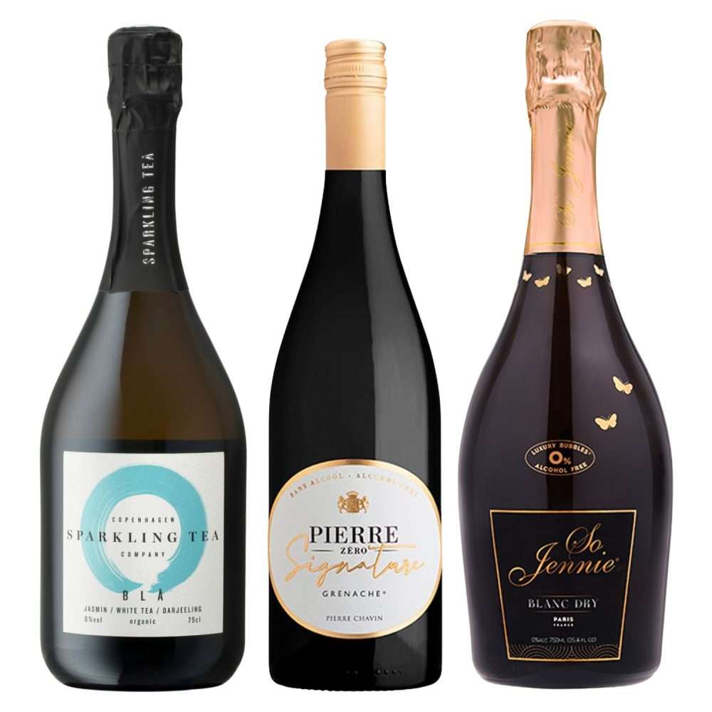 Michelin Fine Dining non-alcoholic wine bundle featuring Pierre Zéro Signature Grenache, Copenhagen Sparkling Tea BLÅ, and So Jennie Paris Blanc Dry — perfect for elegant dinners, celebrations, and birthdays without alcohol.