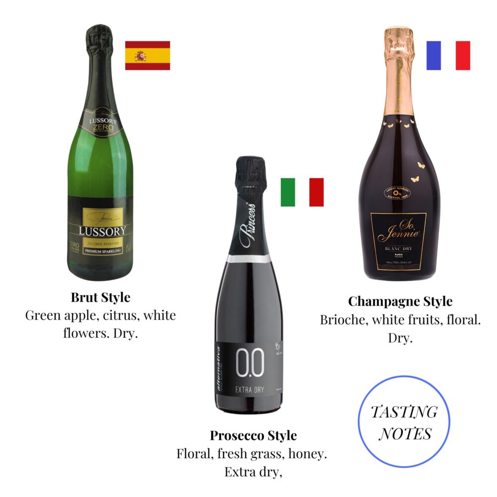 Tasting notes for Lussory Brut (dry green apple), Princess Prosecco Style (floral and honeyed), and So Jennie Paris (Champagne-style with white fruits).