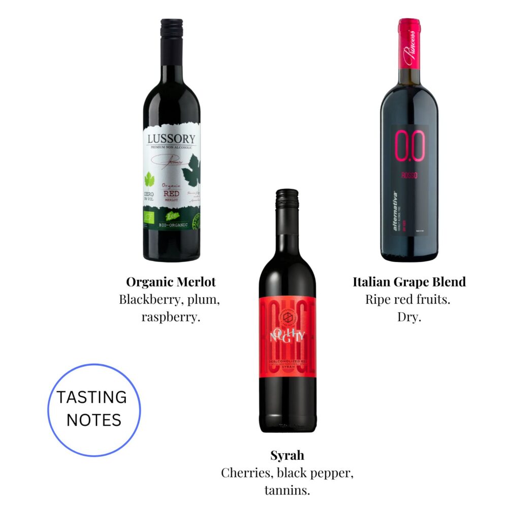 Tasting notes and grape varieties for three non-alcoholic red wines: Lussory Organic Merlot, Noughty Syrah, and Princess Alternativa Rosso Dry.