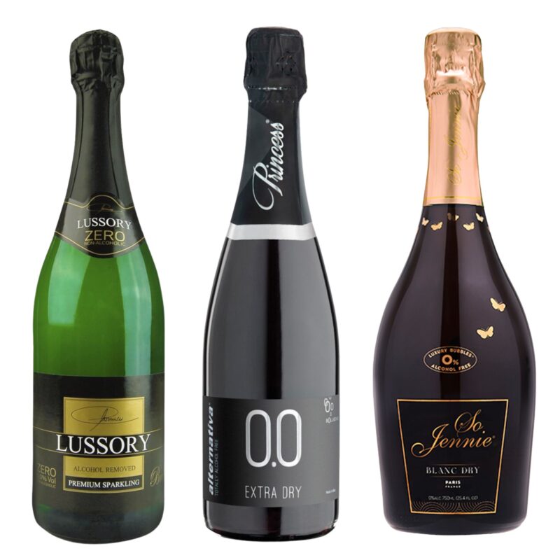 Three bottles of premium non-alcoholic sparkling wine: Lussory Brut from Spain, Princess Alternativa Prosecco Style, and So Jennie Paris Champagne Alternative.