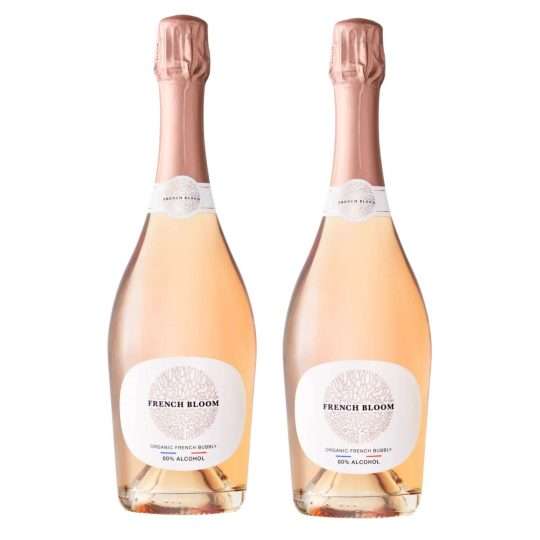 French Bloom Le Rosé 0.0% alcohol-free sparkling rosé wine duo, organic French bubbly featuring delicate berry and floral aromas for elegant celebrations.