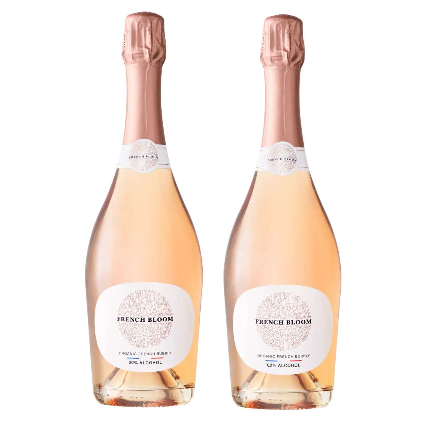 French Bloom Le Rosé 0.0% alcohol-free sparkling rosé wine duo, organic French bubbly featuring delicate berry and floral aromas for elegant celebrations.