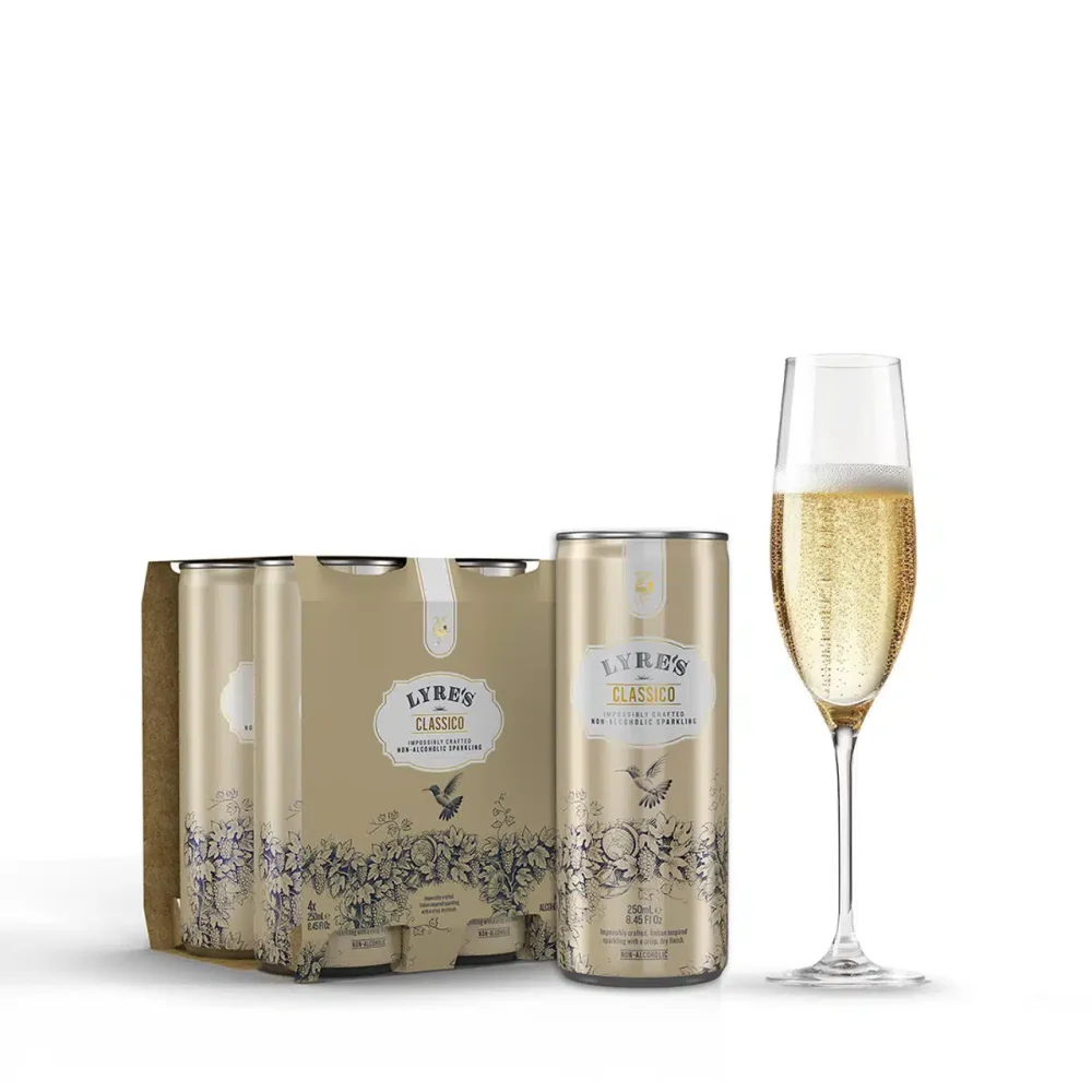 Lyre’s Classico RTD 4 pack with chilled flute glass product image
