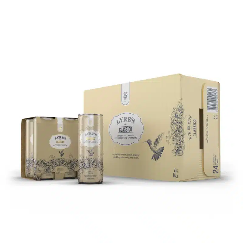Lyre’s Classico non alcoholic RTD case pack with 4 pack on white
