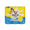 Glass of Stiegl Zitrone Lemon Radler being poured, displaying its cloudy golden color and light carbonation.