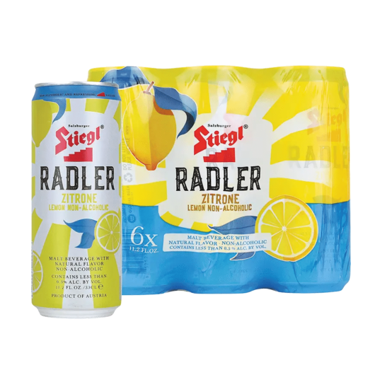 Front view of Stiegl Non-Alcoholic Zitrone Lemon Radler 6-pack, showcasing 11.2 oz slim cans with lemon-themed design.