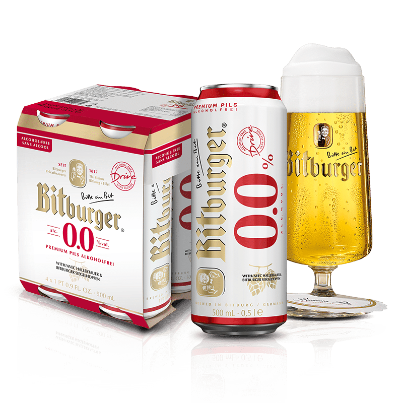 Bitburger 0.0% alcohol-free pilsner 500ml can 4-pack with poured beer in branded glass