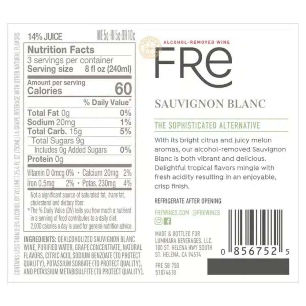 FRE Sauvignon Blanc Non-Alcoholic Wine Nutrition Facts Label