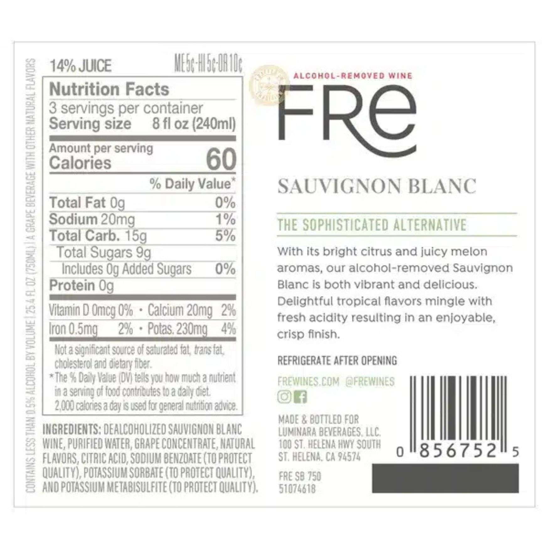 FRE Sauvignon Blanc Non-Alcoholic Wine Nutrition Facts Label