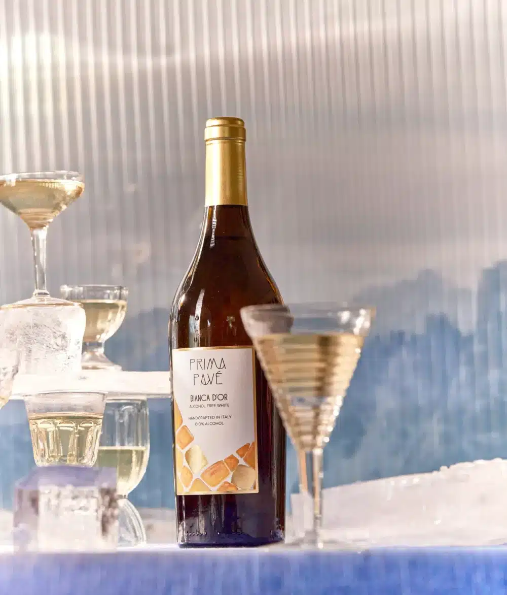 Non Alcoholic Italian White Wine with Multiple wine glasses