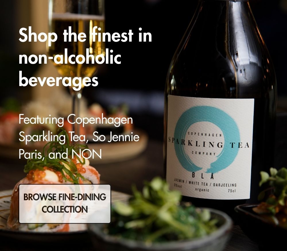Shop premium non-alcoholic beverages like Copenhagen Sparkling Tea, So Jennie Paris, and NON with sushi for elegant dining