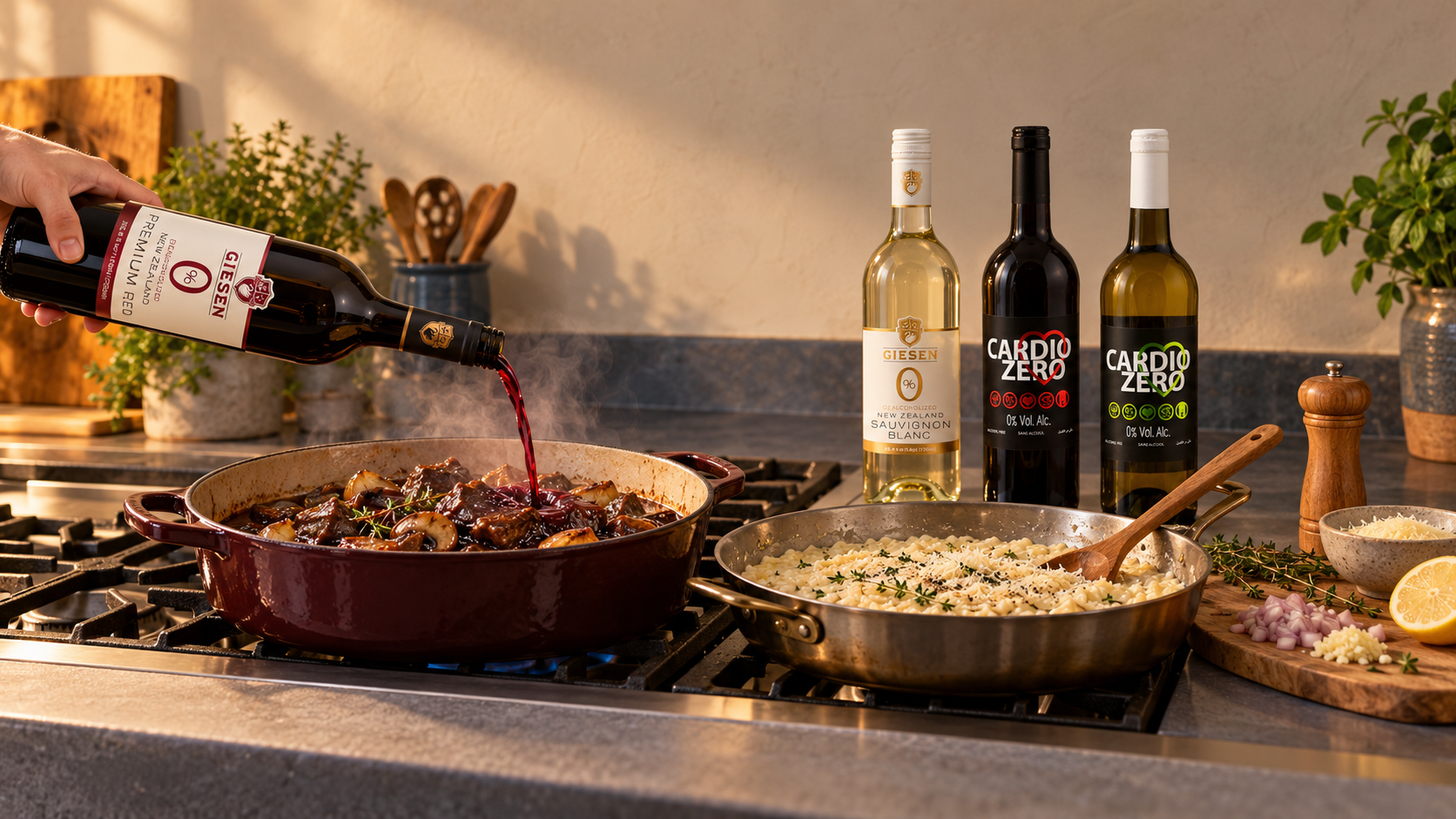 Giesen 0% Premium Red non-alcoholic wine being poured into a beef and mushroom braise on the stove beside a pan of risotto, with Giesen 0% Sauvignon Blanc and Cardio Zero red and white bottles on the counter.