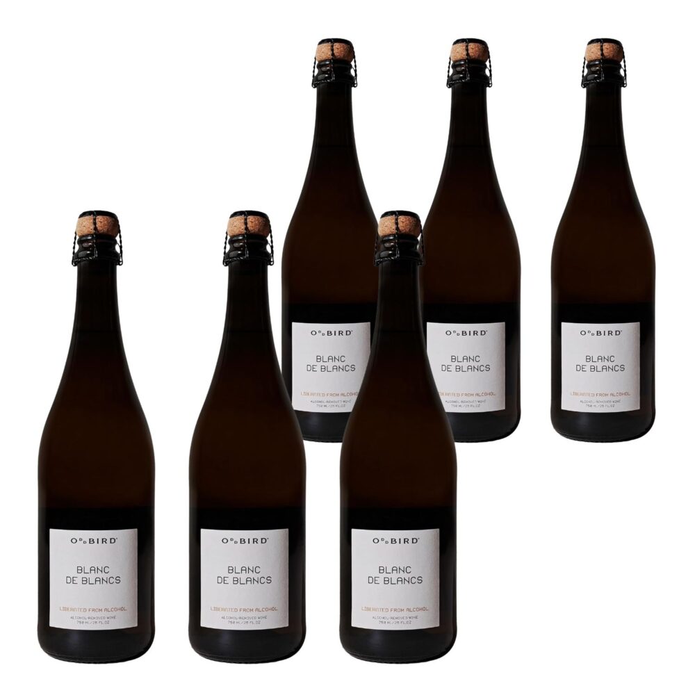 Six bottles of Oddbird Blanc de Blancs non-alcoholic sparkling wine (750ml each) arranged for retail case presentation.