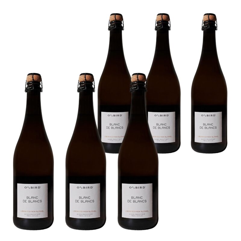 Six bottles of Oddbird Blanc de Blancs non-alcoholic sparkling wine (750ml each) arranged for retail case presentation.