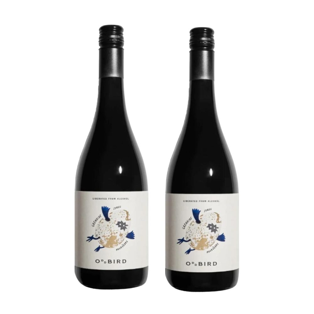 Two bottles of Oddbird GSM Non-Alcoholic Red Wine arranged in a case set with original labels visible