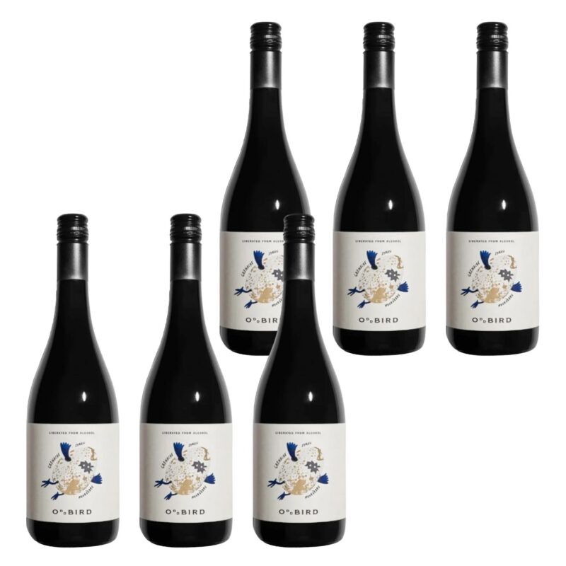 Six bottles of Oddbird GSM Non-Alcoholic Red Wine arranged in a case set with original labels visible