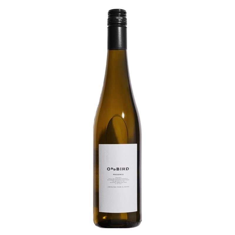 Studio shot of Oddbird Presence Non-Alcoholic White Wine with minimal white label on a clean background